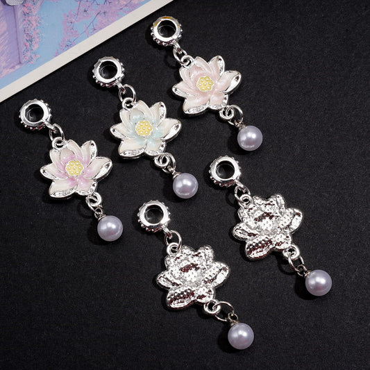 Silver Lotus Blossom Alloy Charms & Pendants with Pearl Dangle Bail Loop Beads, Random Mix