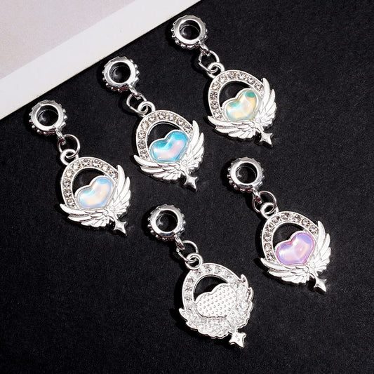 Silver-Toned Metal with Rhinestones and Iridescent Heart Stones, Angel Wings Alloy Pendants and Charms