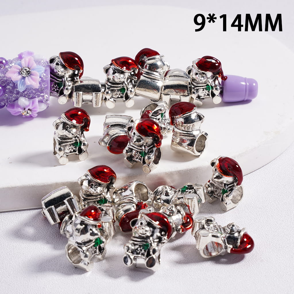 Acrylic Beads Christmas Bear with Red Hat, Big Hole Beads, 9*14MM, Horizontal Hole (The Hole Diameter is Around 4.5MM)