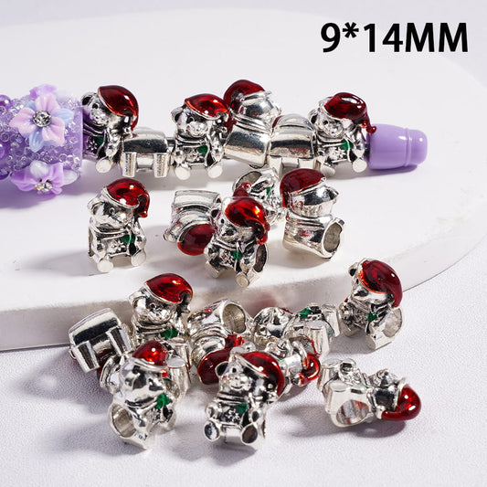 Christmas Bear Santa Claus with Red Hat Design Large Hole Metal Alloy Beads 9*14MM Horizontal Hole (The Hole Diameter is Around 4.5MM)