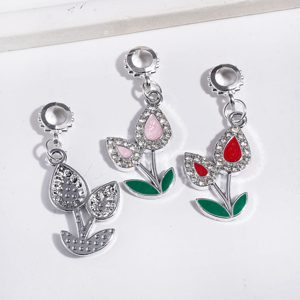 Alloy Bail Loop Beads, Charm Pendants Tulip with Green Leaf and Clear Rhinestones, Multi-Color Random Mix