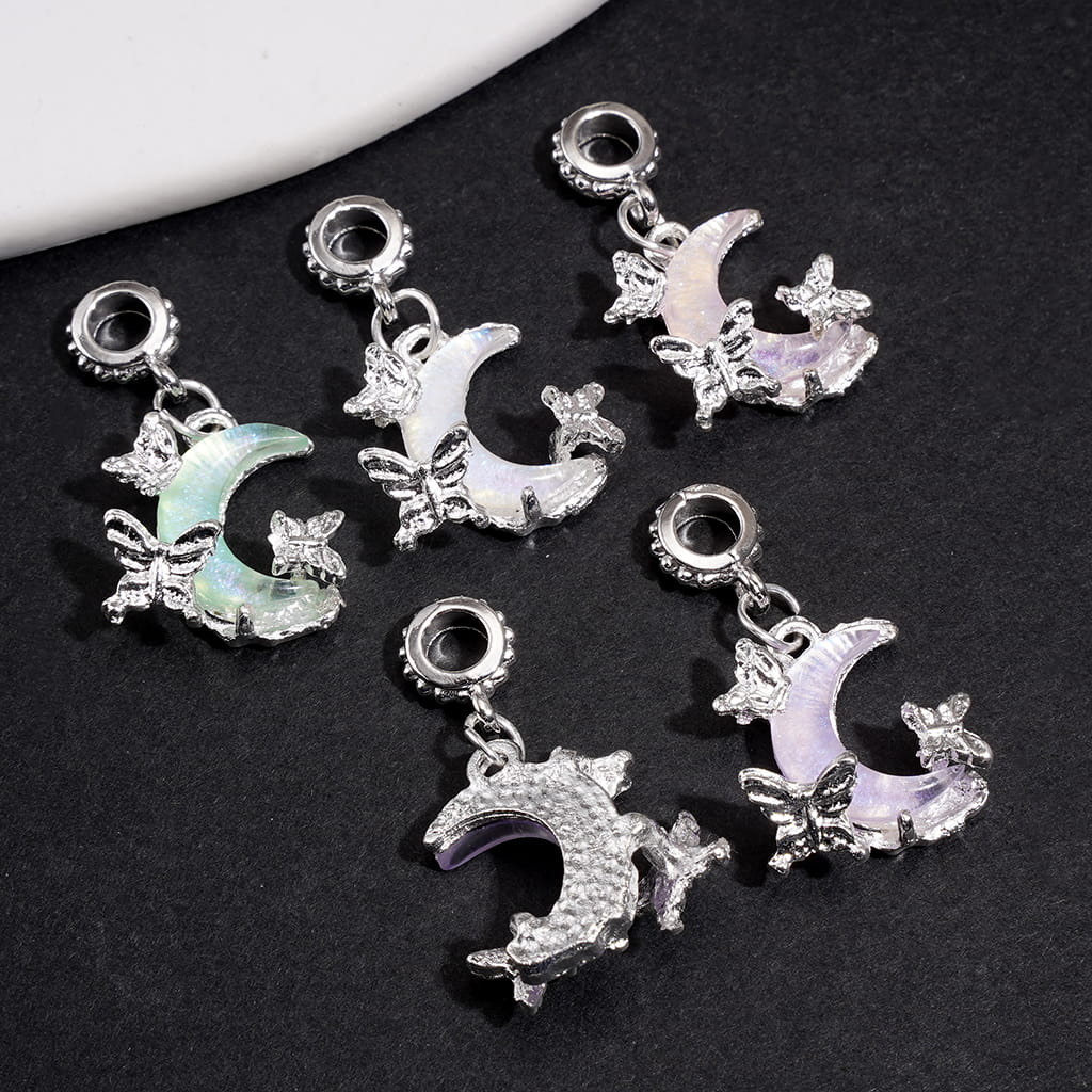 Crescent Moon & Butterfly Alloy Bail Charms w Iridescent Shell Detail, Jewelry Accessories, Random Mix