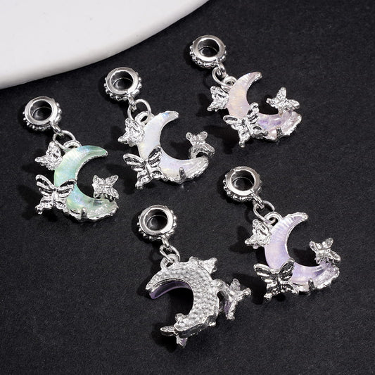 Crescent Moon & Butterfly Alloy Bail Charms w Iridescent Shell Detail, Jewelry Accessories, Random Mix
