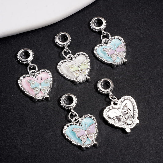 Alloy Bail Beads w Heart Charm, Butterfly Design & Faux Pearl Detail, Jewelry Accessories, Random Mix