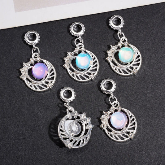 Dreamy Galaxy Crescent Moon Charm Pendants with Planet Rhinestones, Silver Metal Bail Beads Bracelet Jewelry Accessories