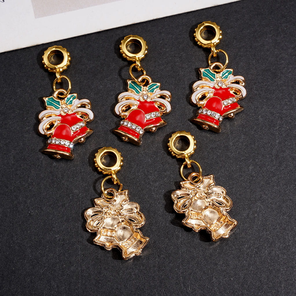 Christmas Bell Charm Pendants with Red Enamel & Rhinestone Details, Gold Alloy Bail Beads Dangle Charms for Jewelry Accessories