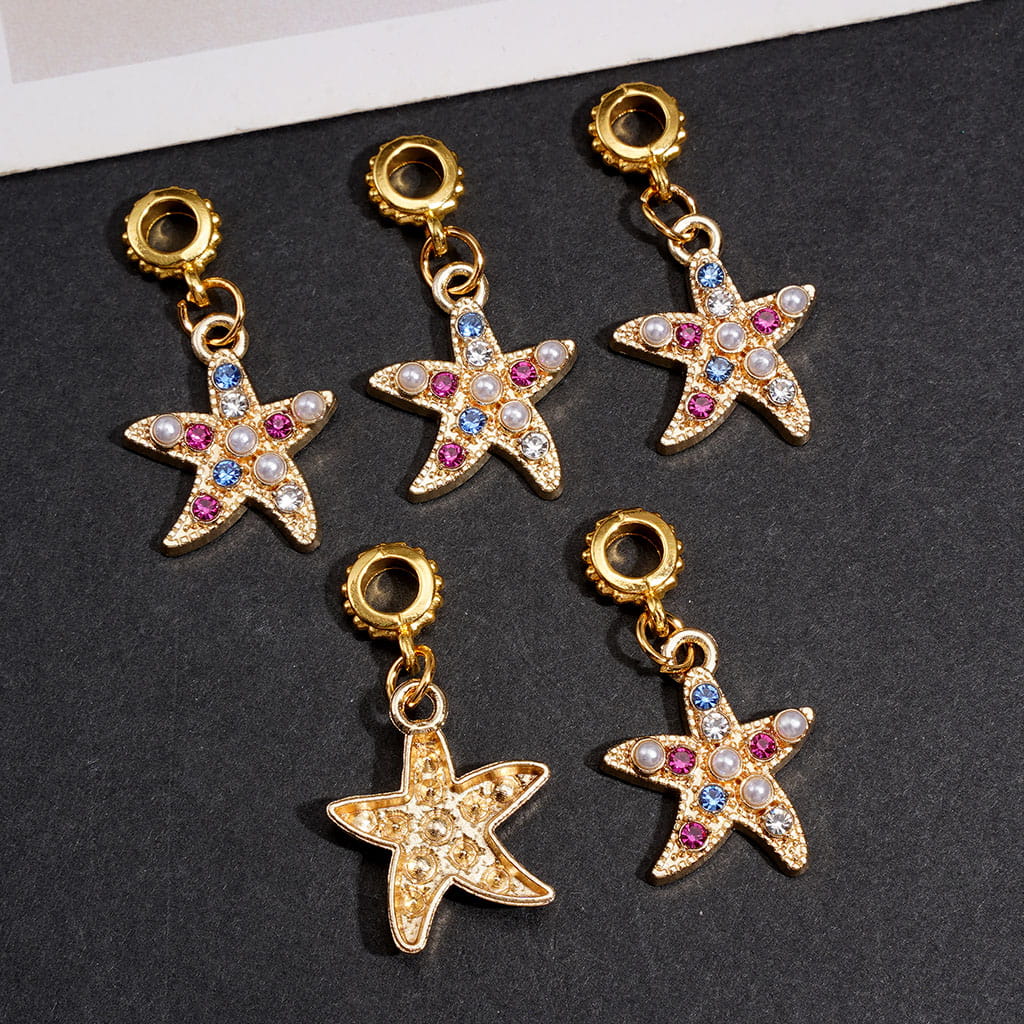 Gold Alloy Bail Beads Starfish Rhinestone Charm Beads with Colorful Crystal & Pearl Details, Ocean Theme Jewelry Accessory