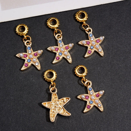 Gold Alloy Bail Beads Starfish Rhinestone Charm Beads with Colorful Crystal & Pearl Details, Ocean Theme Jewelry Accessory