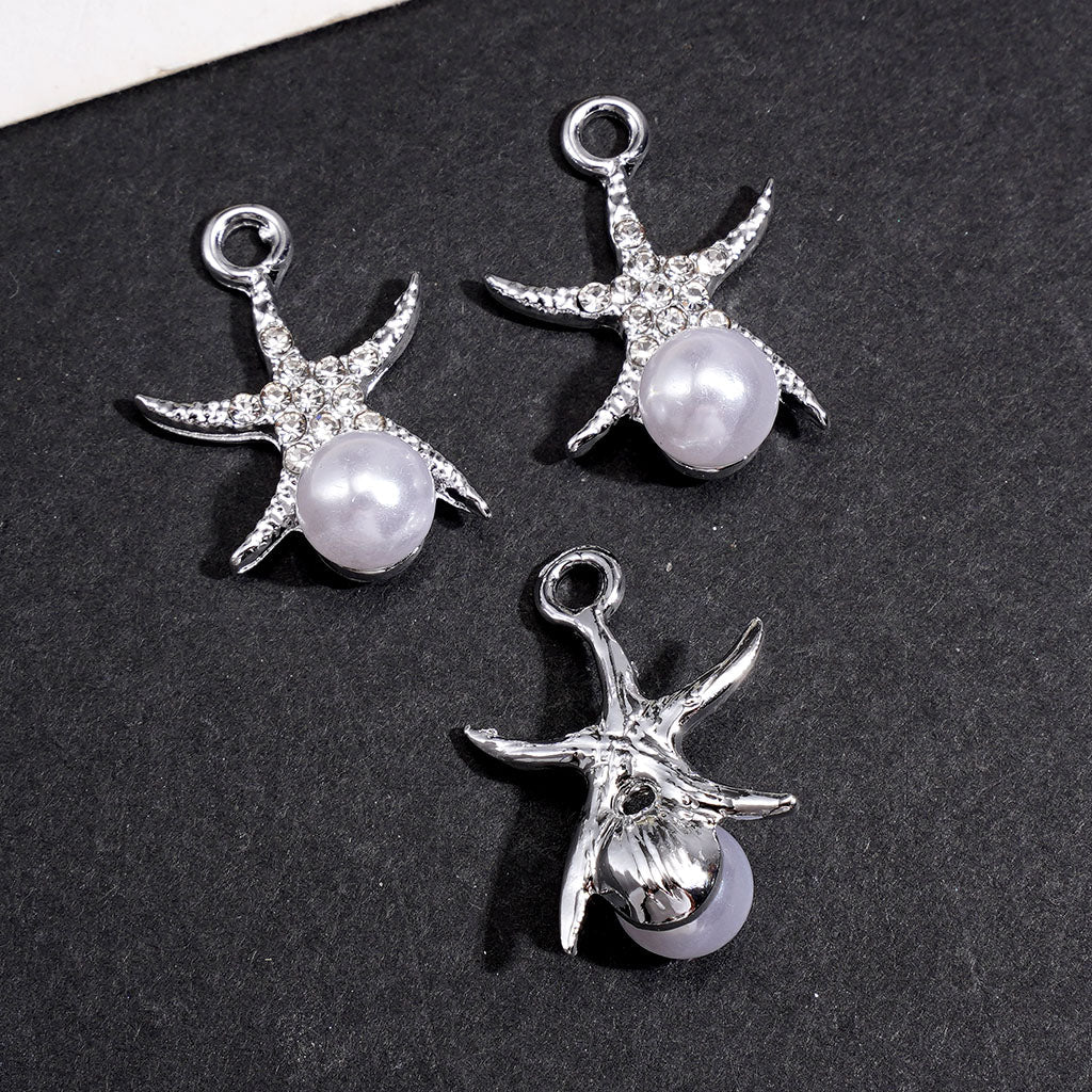 Starfish Pearl Charms with Clear Rhinestones and White Pearl, Ocean Theme Silver Metal Bail Beads for Jewelry Accessory