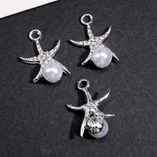 Starfish Pearl Charms with Clear Rhinestones and White Pearl, Ocean Theme Silver Metal Bail Beads for Jewelry Accessory