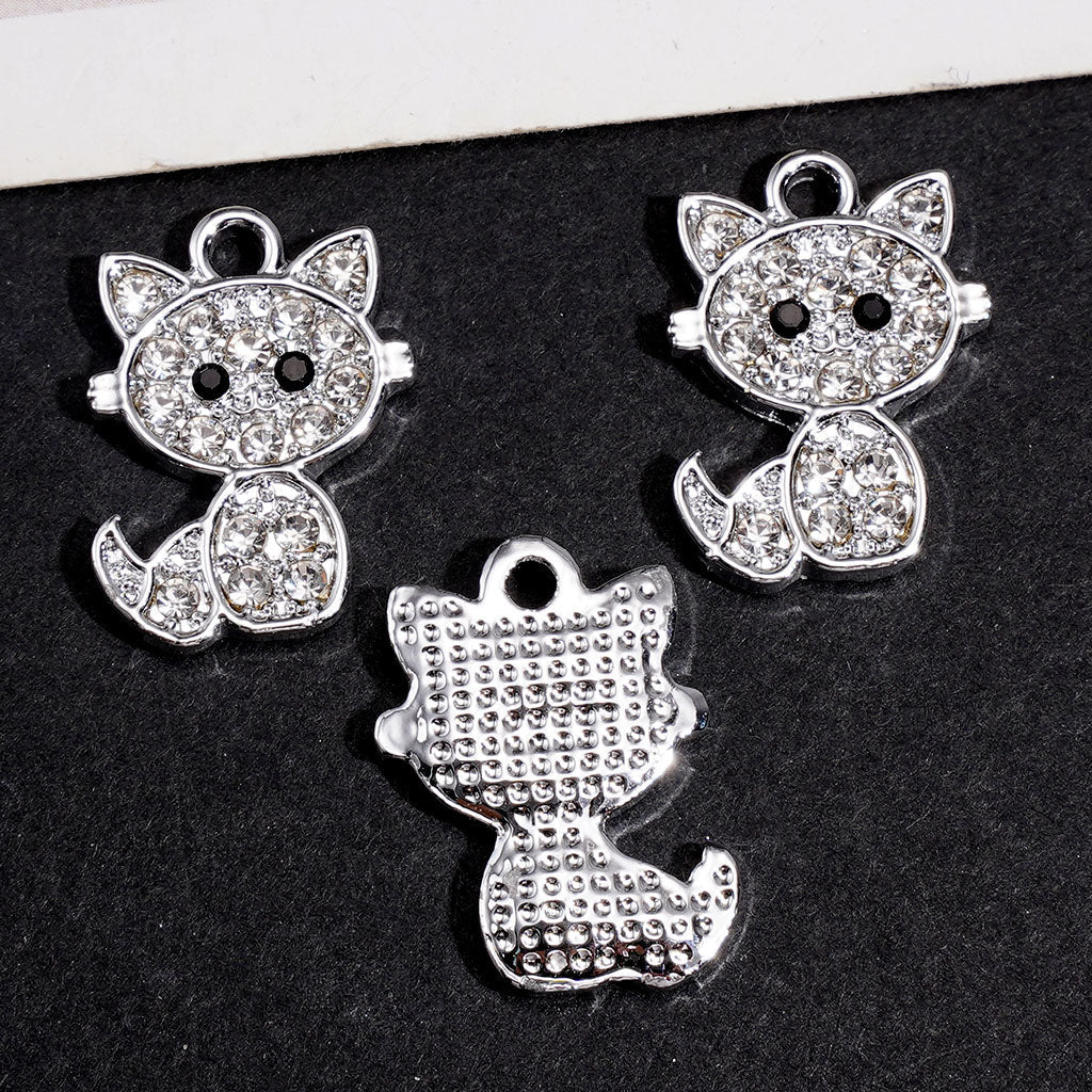 Cute Cat with Clear Rhinestones, Silver Alloy Charm Pendant for Jewelry Accessories
