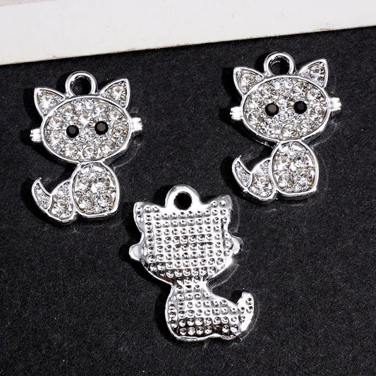 Cute Cat with Clear Rhinestones, Silver Alloy Charm Pendant for Jewelry Accessories