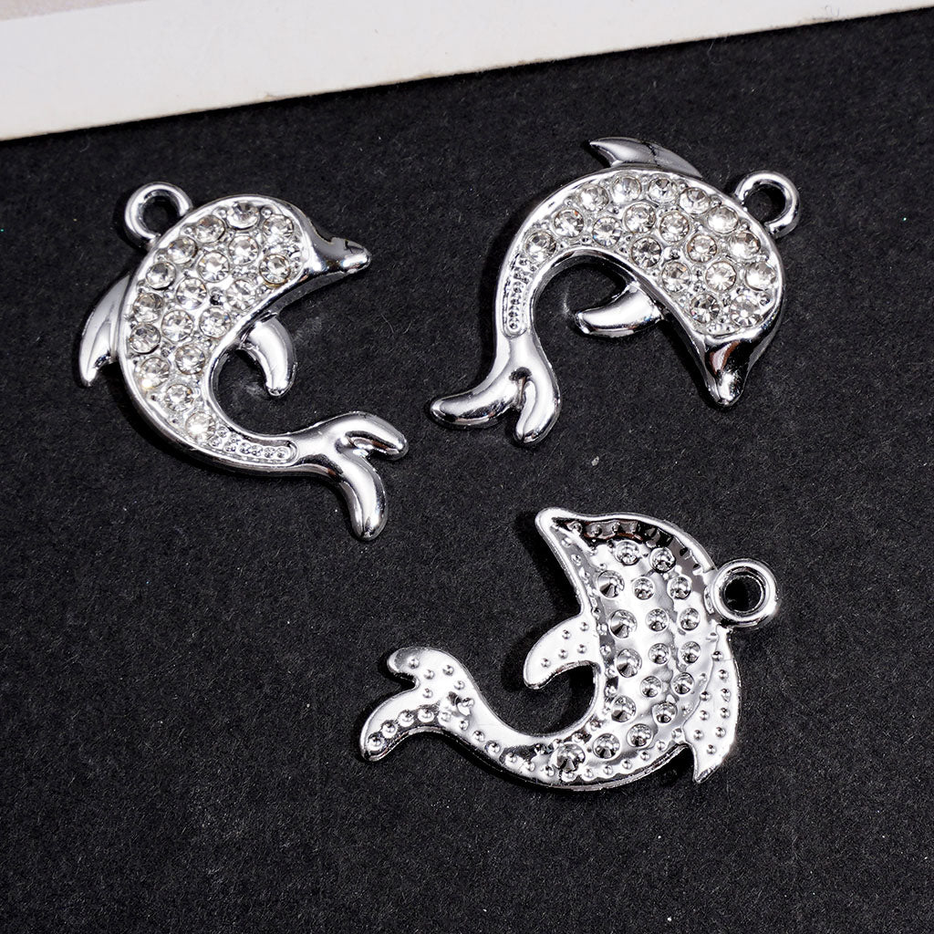 Cute Mini Dolphin with Clear Rhinestones, Silver Alloy Charm Pendant & Jewelry Accessories