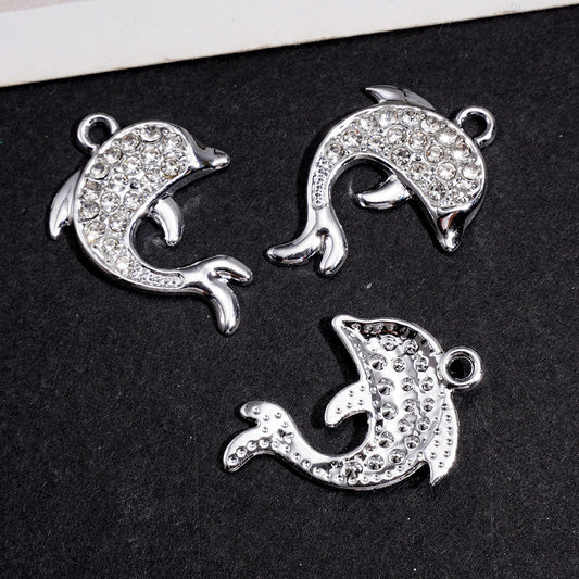 Cute Mini Dolphin with Clear Rhinestones, Silver Alloy Charm Pendant & Jewelry Accessories
