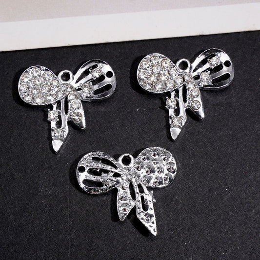 Cute Bowknot Charm with Clear Rhinestones, Silver Alloy Pendant & Jewelry Accessory