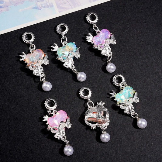 Iridescent Heart with Crown, Silver Metal Frame Bow & Pearl Drop, Silver Alloy Bail Beads Charm Pendant & Jewelry Accessories