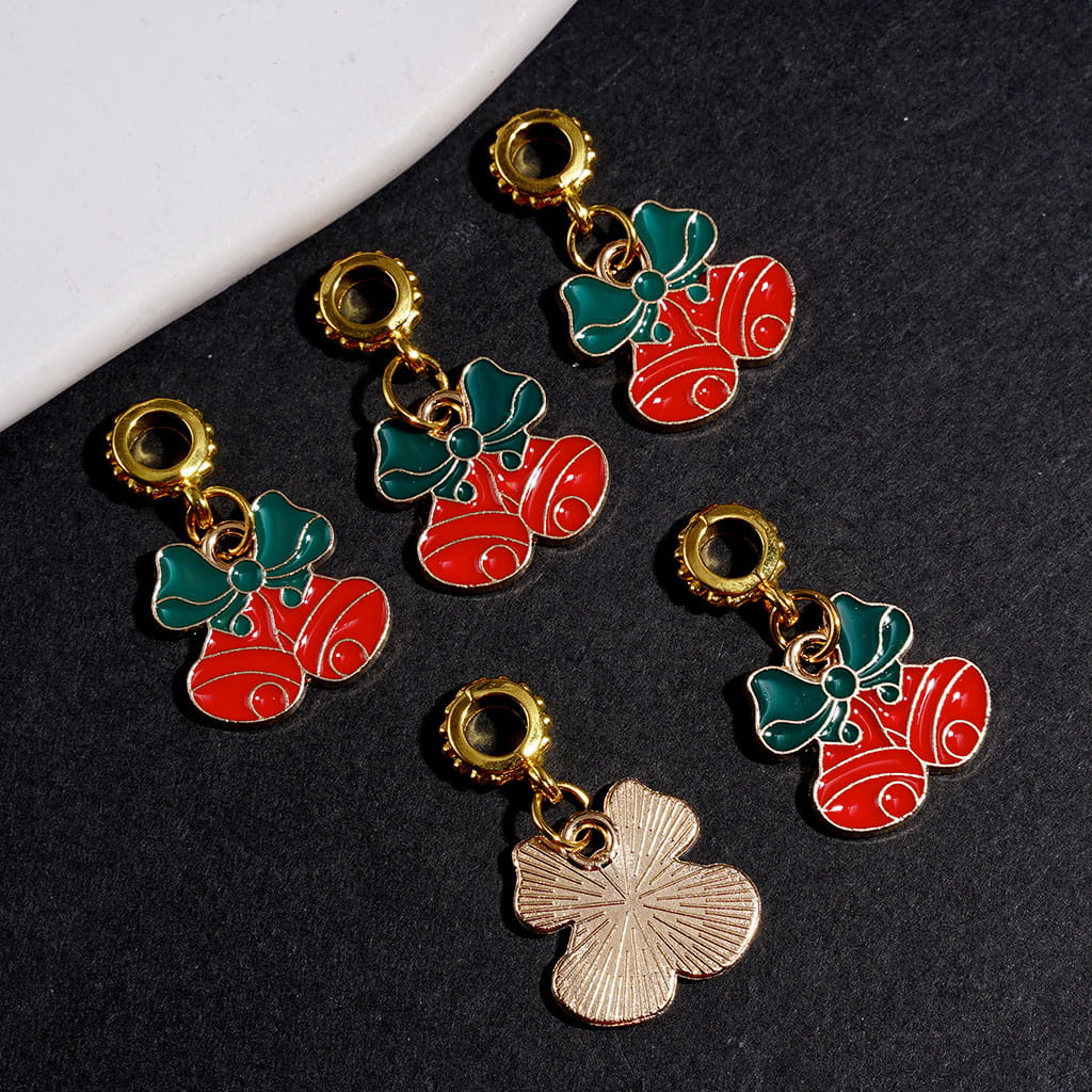 Gold Alloy Bail Beads, Charm Pendants with Double Christmas Bell & Green Bowknot, Jewelry Accessory
