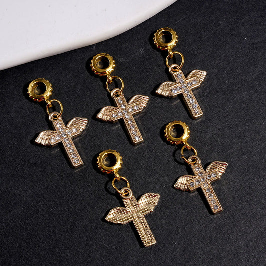 Winged Cross Gold Alloy Bail Beads with Clear Rhinestone, Religious Charm Pendent & Jewelry Accessories