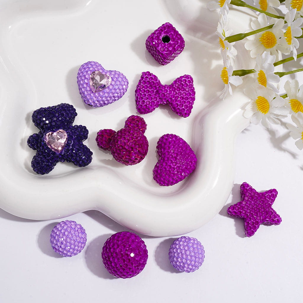 Clay Beads with Clear Rhinestones, Fluorescence Color Series, Various Shapes,  Multi Colors