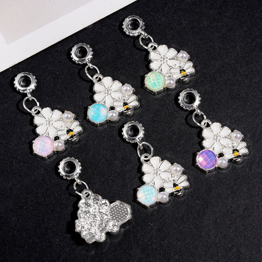 White Six-Petaled Flower & Bee Dangle Silver Metal Bail Beads Charm Pendant with Rhinestones, Pearl, Jewelry Accessory, Assorted Colors, Random Mix