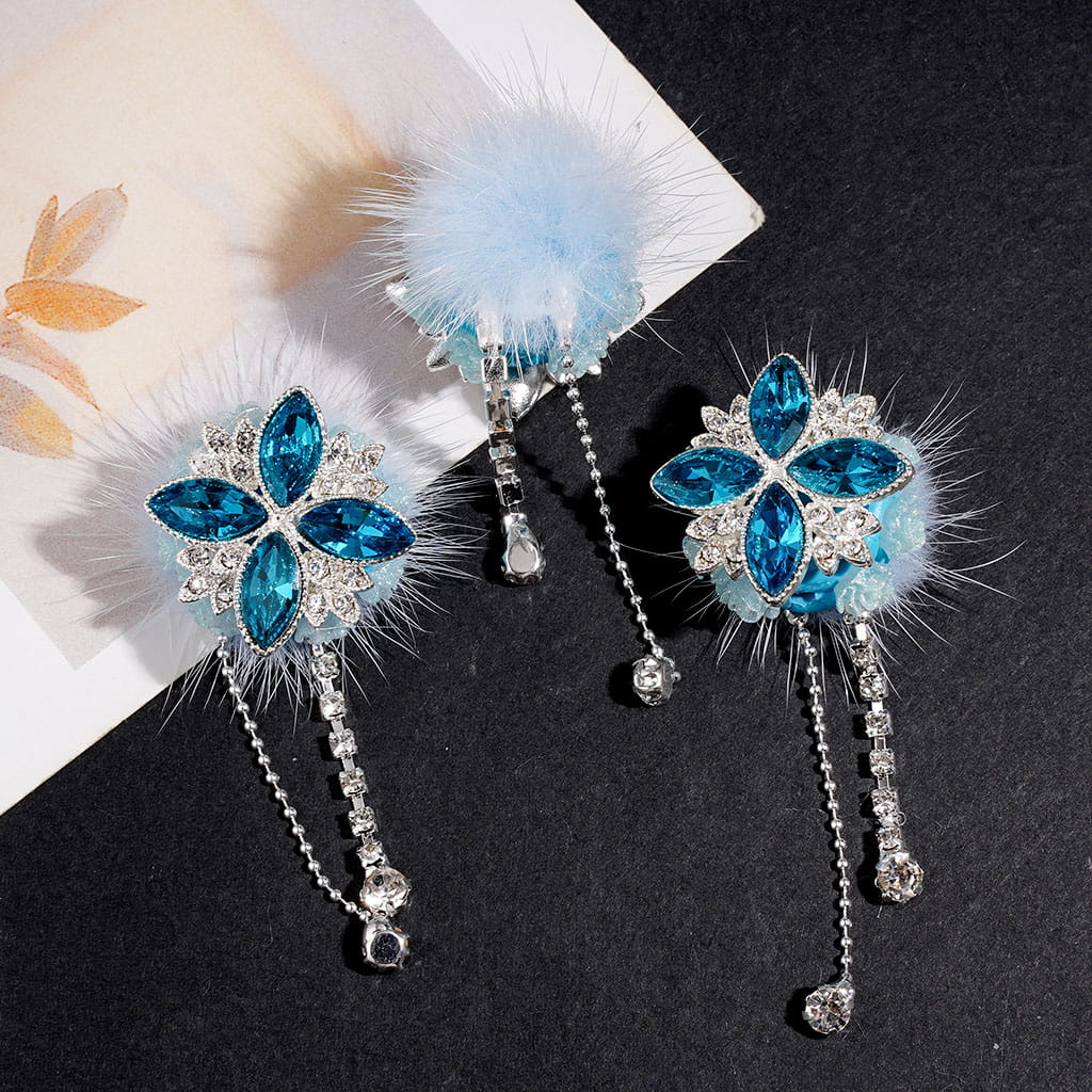 Clay Beads w Roes Flowers Silver Metal Four Clover Leaf in Turquoise Marquise Cut & Clear Rhinestones, w Fluffy Pom Pom Ball & Tassel