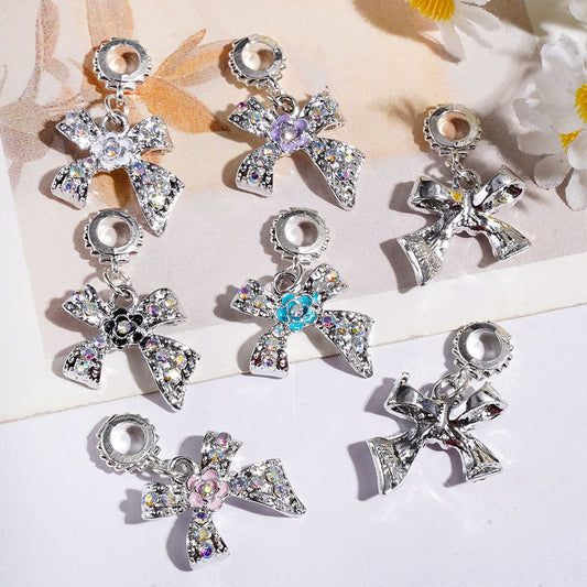 Alloy Bowtie Bail Loop Beads with Mini Flower & AB Rhinestone Charm, Random Mix