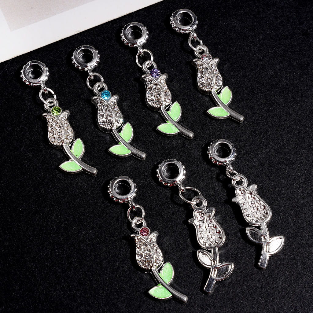 Silver Alloy Bail Beads Tulip Flower w Clear Rhinestones & Green Leaves, Charm Pendant Jewelry Accessories, Random Mix