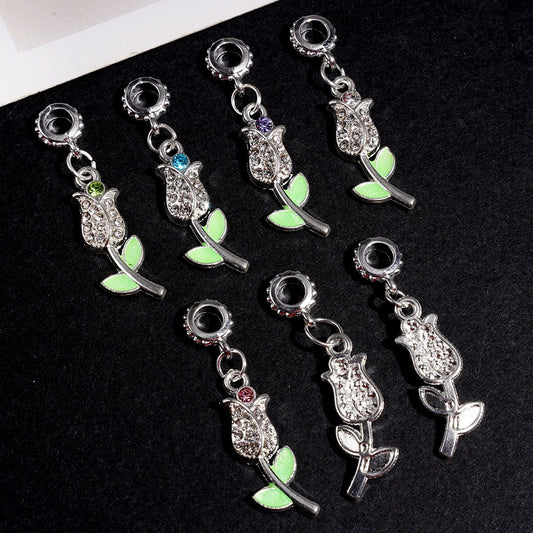 Crystal Tulip Flower with Rhinestones, Enamel Leaves & Silver Alloy Bail Beads for Charm Pendant Jewelry Accessories, Random Mix