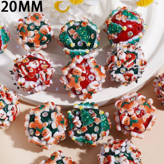 Red and Green Christmas Gingerbread Man Santa Claus & Christmas Tree Clay Beads with AB Rhinestones, 20MM, Random Mix