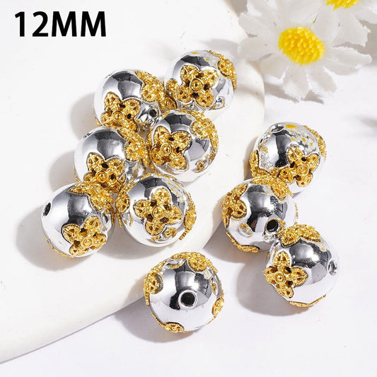Gold Cross & Four-Leaf Clover Round Silver Metal Beads, 12MM