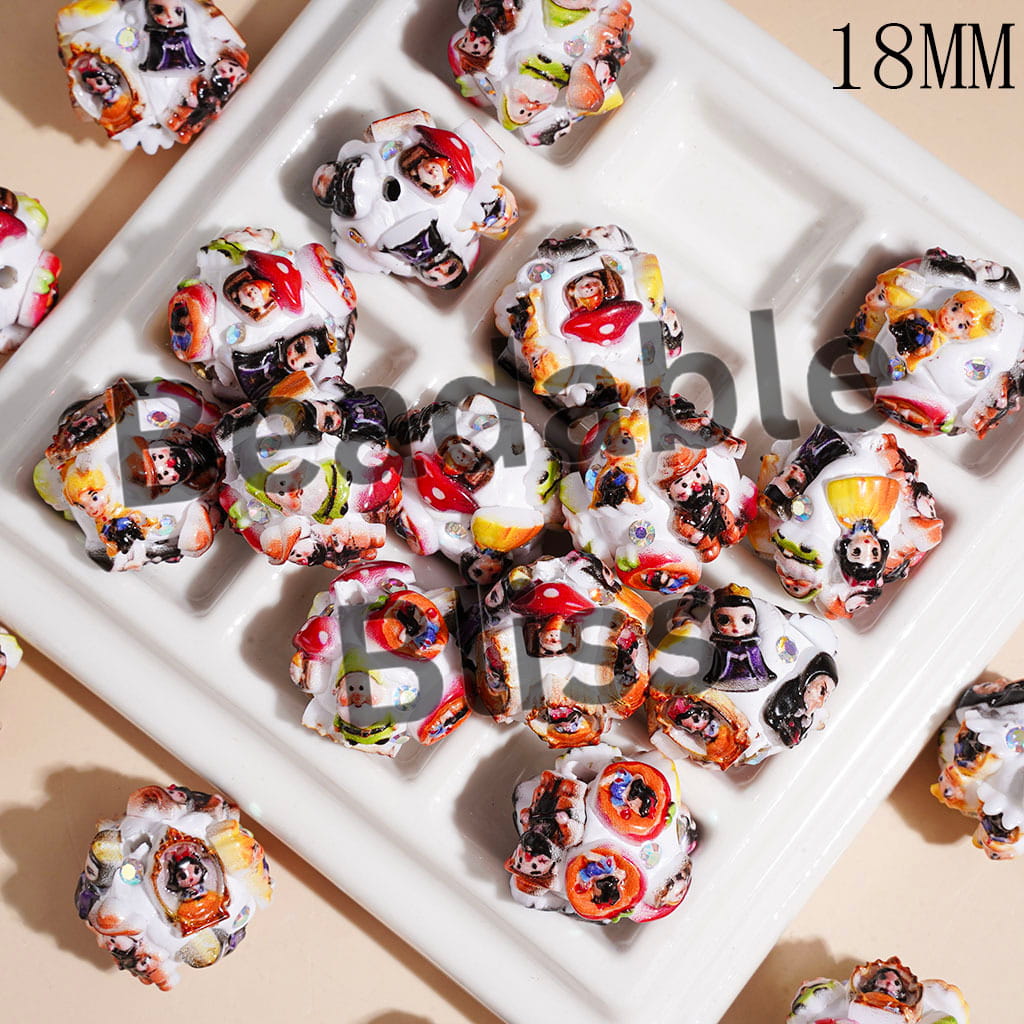 Clay Beads with Princess Fairy Villains Characters and Mushroom House, AB Rhinestones, 18MM