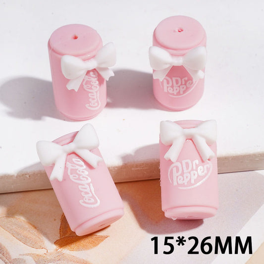 3D Cute Pink Soda Can with White Bowknot Silicone Focal Beads, 15*26MM