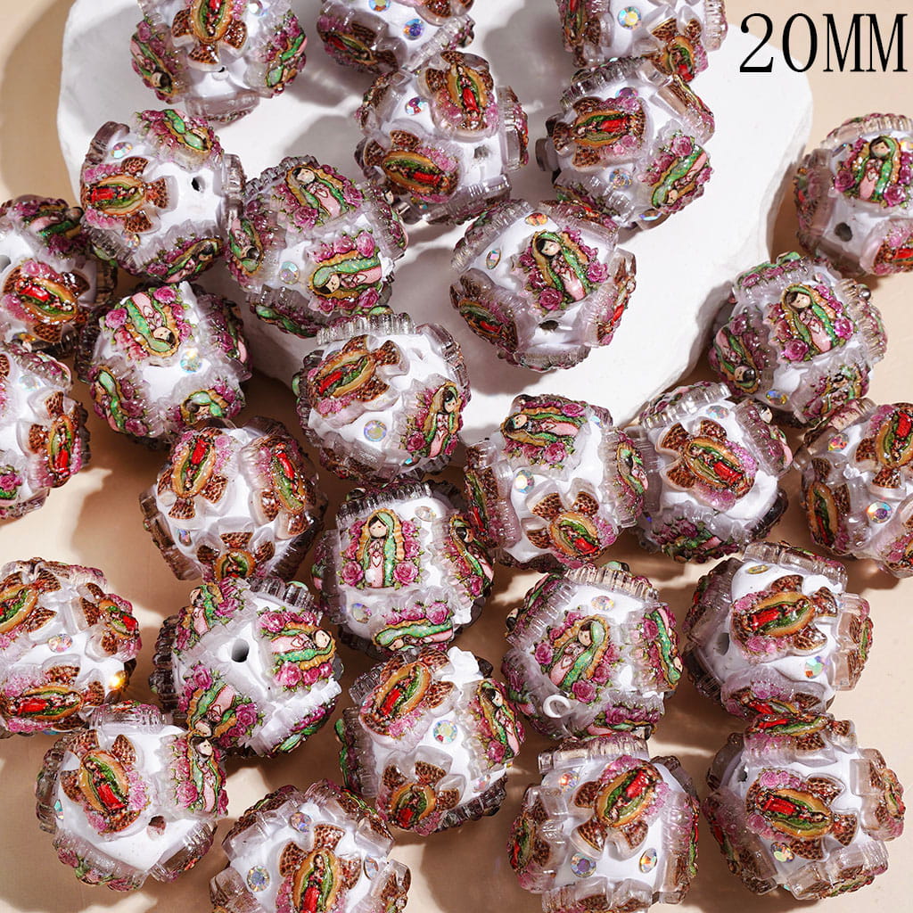 Clay Beads Virgen de Guadalupe and AB Rhinestone, 20MM Random Mix