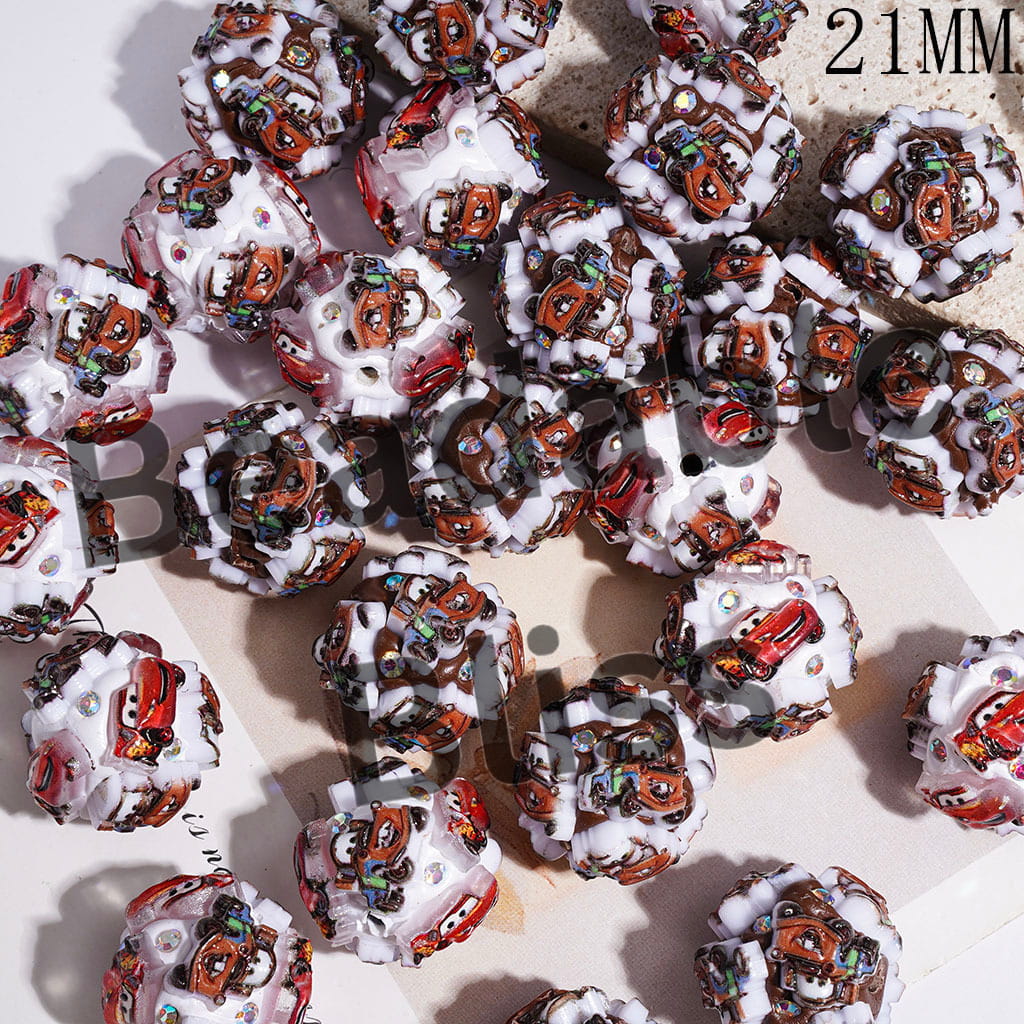 21MM Sports Car Character and AB Rhinestones Clay Beads, Red Brown Style, Random Mix