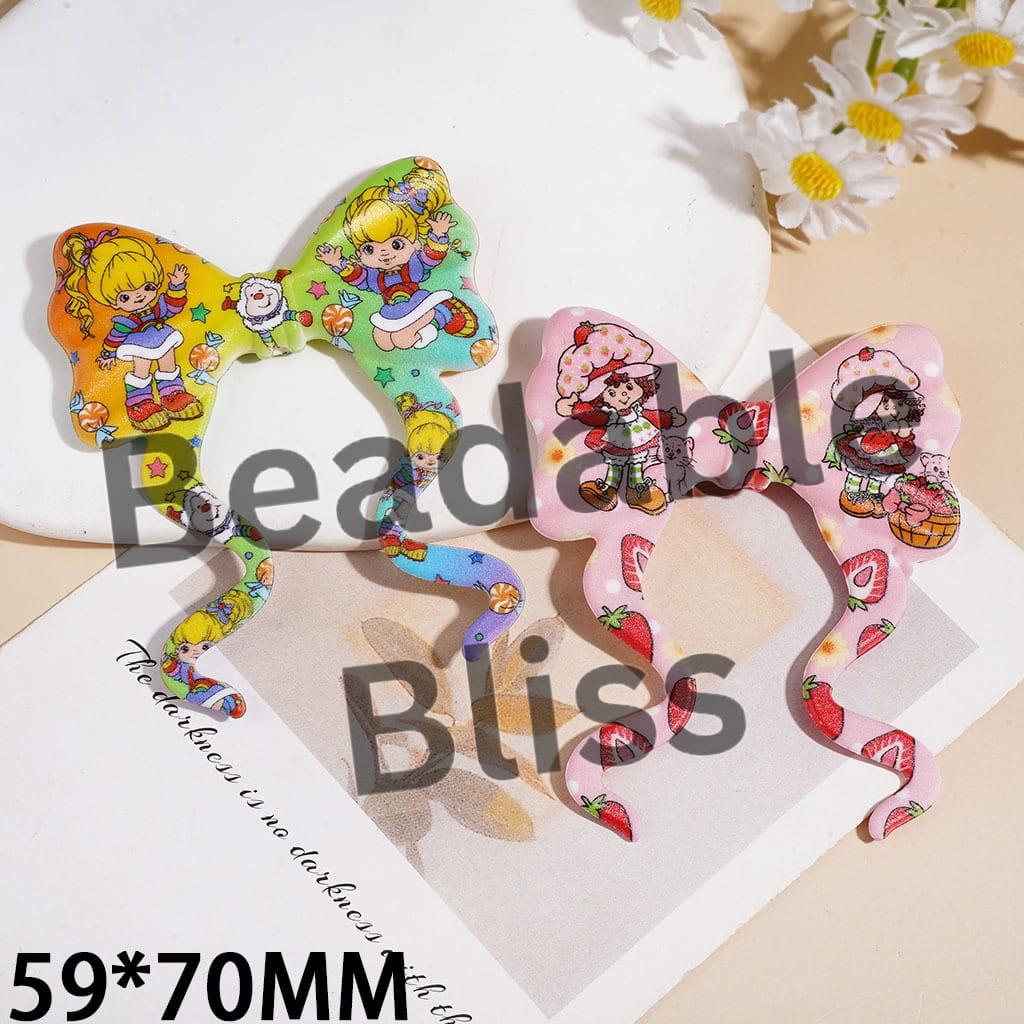 Silicone Focal Beads Bowtie with Long Ribbon Rainbow and Strawberry Girl, 59*70MM Random Mix