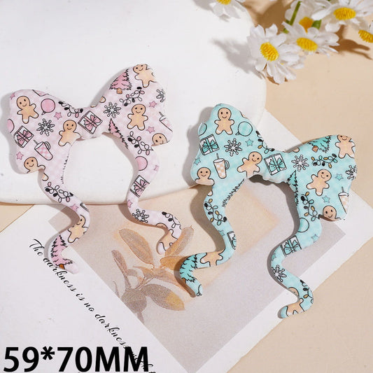 Festive Gingerbread Man, Snowflakes, and Gift Boxes printed Silicone Focal Beads, 59*70MM Light Pink and Light Teal Random Mix