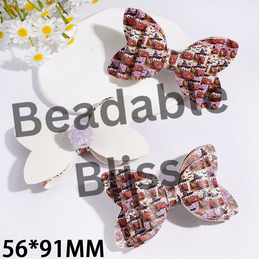 Acrylic Sugar Beads with AB Rhinestone and Clear Ball Chains, Fabric Bowtie with Sports Car Character, Halloween Theme, 56*91MM