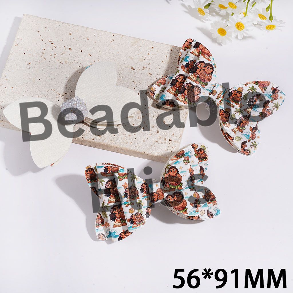 Sugar Beads w Sea Navigator Adventure Characters Printed Fabric Bowtie, White Pearl & Cone Shaped AB Rhinestones, Clear Round Loop, 56*91MM