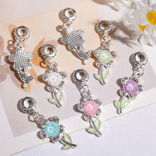 Leaf Flower Bail Loop Beads with Clear Rhinestones, Silver Alloy Jewelry Findings, Random Mix