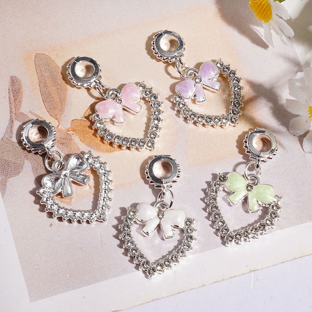 Silver Alloy Bail Beads, Charm Pendants Heart Frame with Bowtie and Clear Rhinestone, Jewelry Accessory, Multi-Color Random Mix
