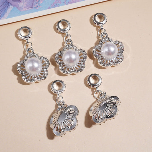 Elegant Silver Alloy Flower with Big Pearl & Clear Rhinestone Bail Loop Beads for Charms & Pendants, Jewelry Accessories