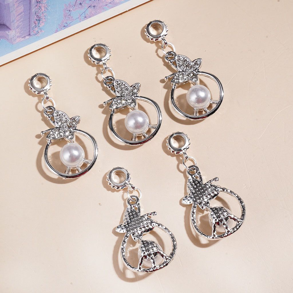 Elegant Silver Alloy Hollow Circle with Big Pearl, Butterfly & Clear Rhinestone Bail Loop Beads for Charms & Pendants, Jewelry Accessories