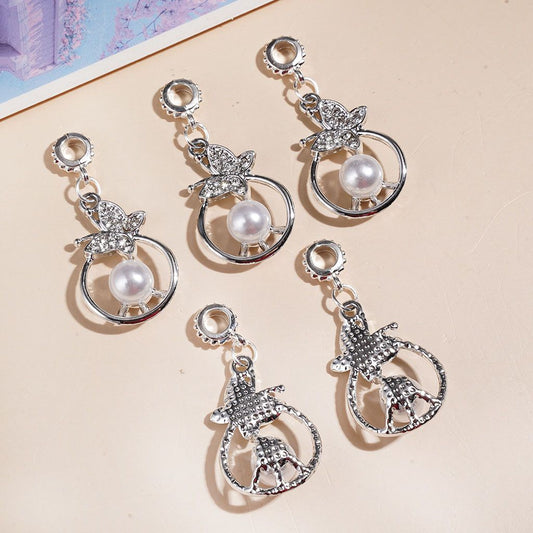 Elegant Silver Alloy Hollow Circle with Big Pearl, Butterfly & Clear Rhinestone Bail Loop Beads for Charms & Pendants, Jewelry Accessories