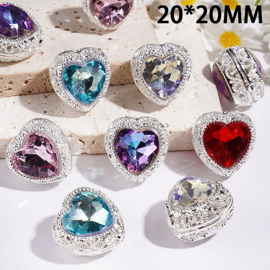 Elegant Heart-Shaped with Sparkling Rhinestones & Hollow Floral Texture Alloy Beads, 20*20MM, Multi-Color, Random Mix
