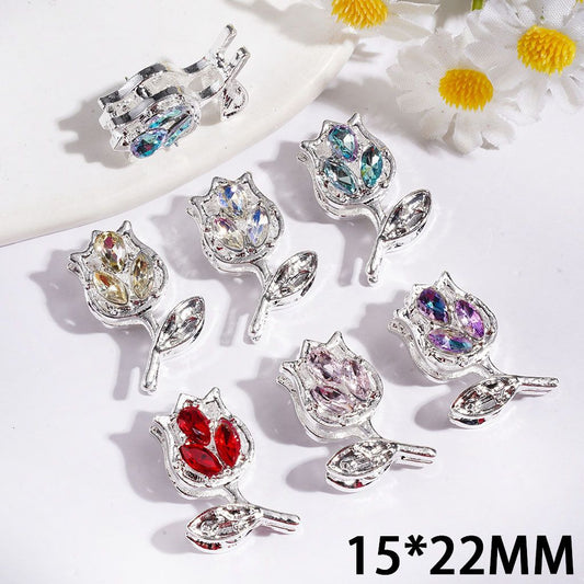 Elegant Silver Rose with Tear-Drop Shaped Rhinestones Metal Beads, 15*22MM, Multi-Color, Random Mix