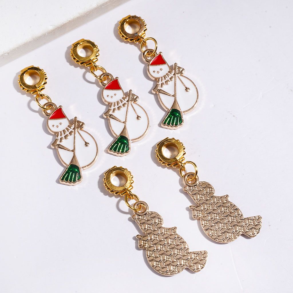 Festive Christmas Snowmen Wearing Red Hats and Green Besom Broom Gold Alloy Bail Loop Beads, Hanging Charms or Pendants, Jewelry Accessories