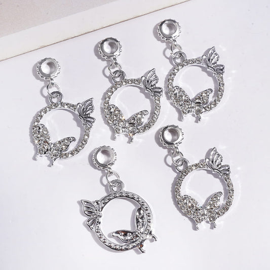 Elegant Butterfly Hollow Round Frame with Clear Rhinestones Silver Metal Bail Loop Beads, Charm Pendants for Jewelry Making