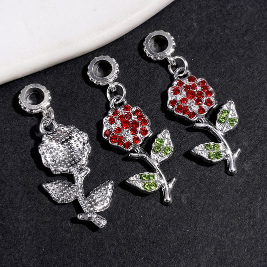 Elegant Flower Shaped with Vibrant Red & Green Rhinestones Silver Alloy Bail Beads, Charm Pendant Jewelry Accessories