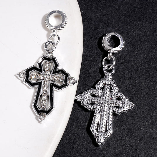 Elegant Cross Design with Clear Rhinestones & Black Border Alloy Bail Beads, Charm Pendants for Jewelry Accessories