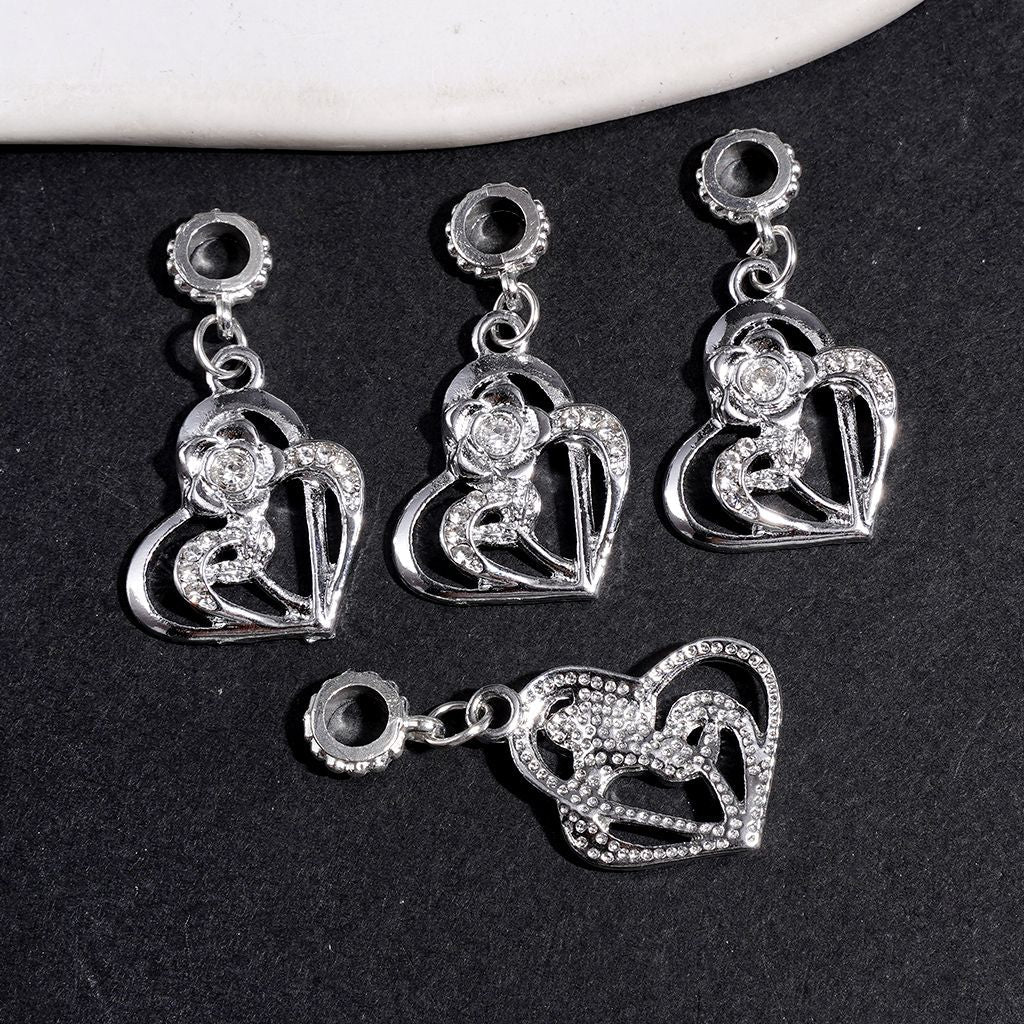 Silver Alloy Bail Beads Double Heart with Flower and Clear Rhinestones, Charm Pendant Jewelry Accessories